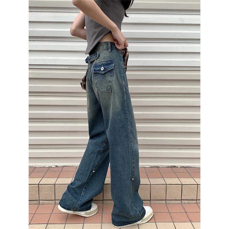 Blue Women\'s Straight Jeans High Waist American Style Streetwear Vintage Pants Chic Design Casual Ladies Denim Wide Leg Trouser