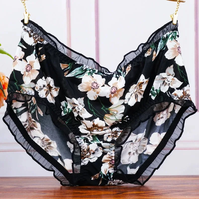 Big Size Mid Waist Women\'s Panties Fashion Print Briefs Underwear Ladies Sexy Lace Ruffles Seamless Elastic Underpants Lingerie