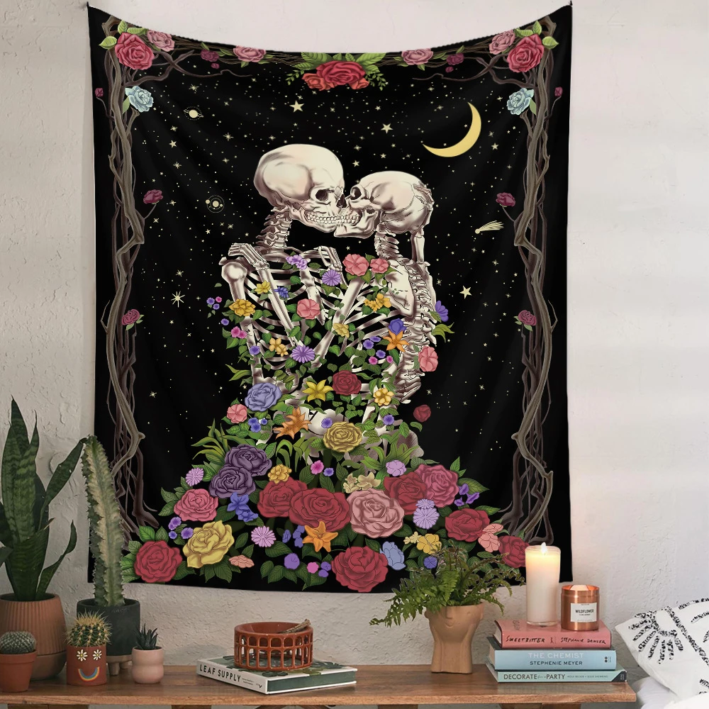 

Skull Hoom Decor Psychedelic Moon Starry Sky Skeleton Tapestry Hippie Cheap Printed Cloth The Kissing Lovers Rose Wall Hanging