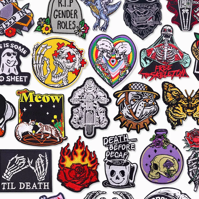 Skeleton Punk Rock Iron On Patches–Embroidered Horror Skull for Clothing Thermoadhesive Biker Decorate Badge Perfect for Jackets