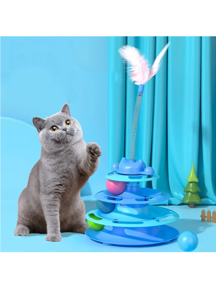 Plateau tournant pour chat en plumes à 4 couches avec balle jouet amusante et bâton de jeu - Jouet interactif pour chats