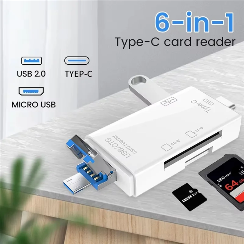 CABE-OTG SD TF Type C Micro-Sd Card Reader Type C To Usb Otg Adapter 6 In1 USB 2.0 TF Card USB Flash Drive Card Reader