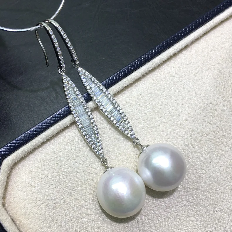 

Pearl S925 Silver Long Earrings 13-14mm White Nearly Round Freshwater Pearl