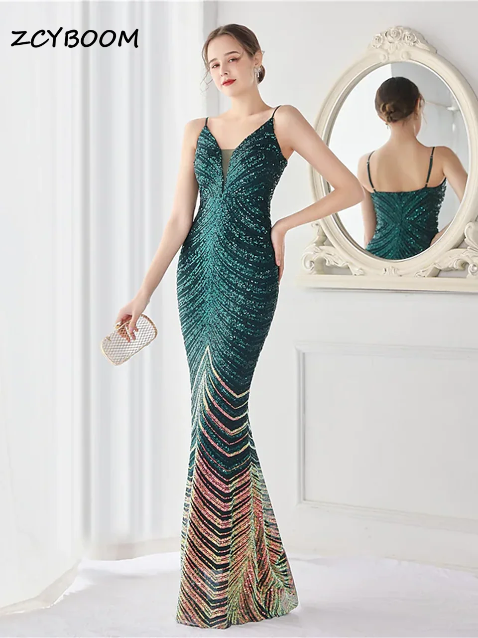 

Sequins Beading V Neck Spaghetti Straps Robe De Soiree Longue Shiny Fit Mermaid Sleeveless Porm Evening Gowns Elegant Vestidos