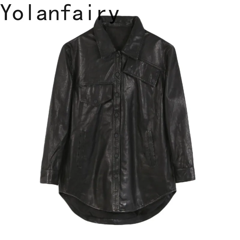

YOLANFAIRY Real Sheepskin Leather Shirt Jacket Women Black Genuine Leather Coat Long Sleeve Korean Mid-length Coats Outerwear