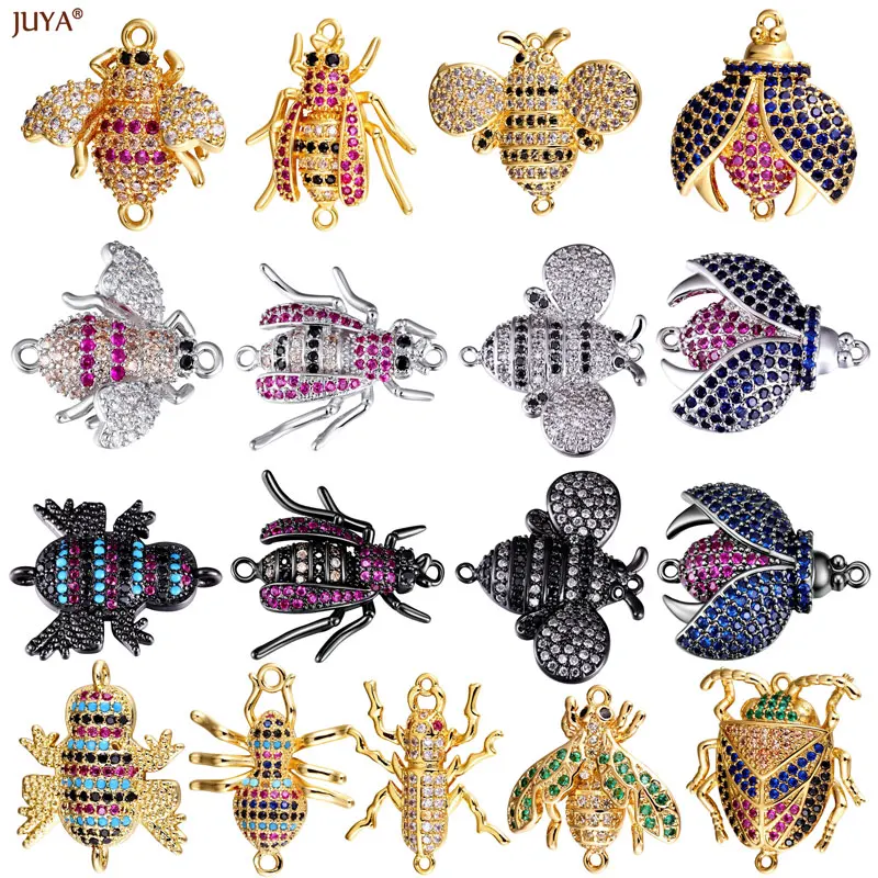 JUYA Micro Pave Zircon Insect Connector,Gold Silver Black Plated Bee Beetle Bug Pendant Charm For DIY Bracelet Jewelry Accessory