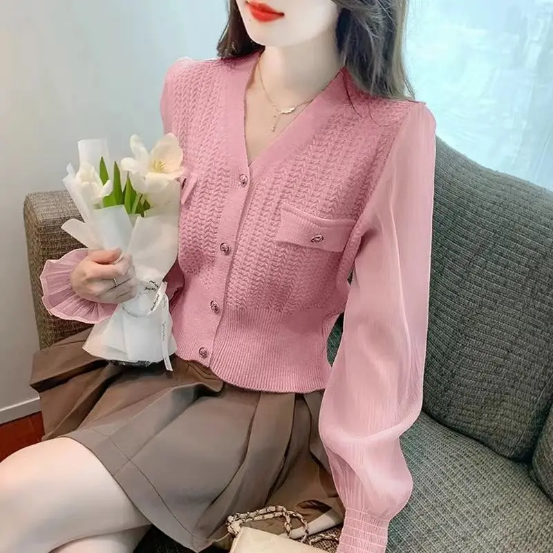 Spring Autumn New Fashion V-neck Long Sleeve Patchwork Cardigan Women\'s Clothing Lace Knitting Button Sweet Korean Youth Tops