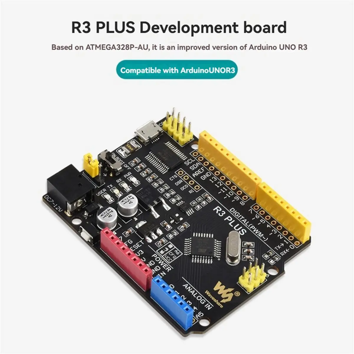 A41T Waveshare for Arduino UNO R3 ATMEGA328P Development Board Enhanced Microcontroller Board for DIY Electronics & Programming