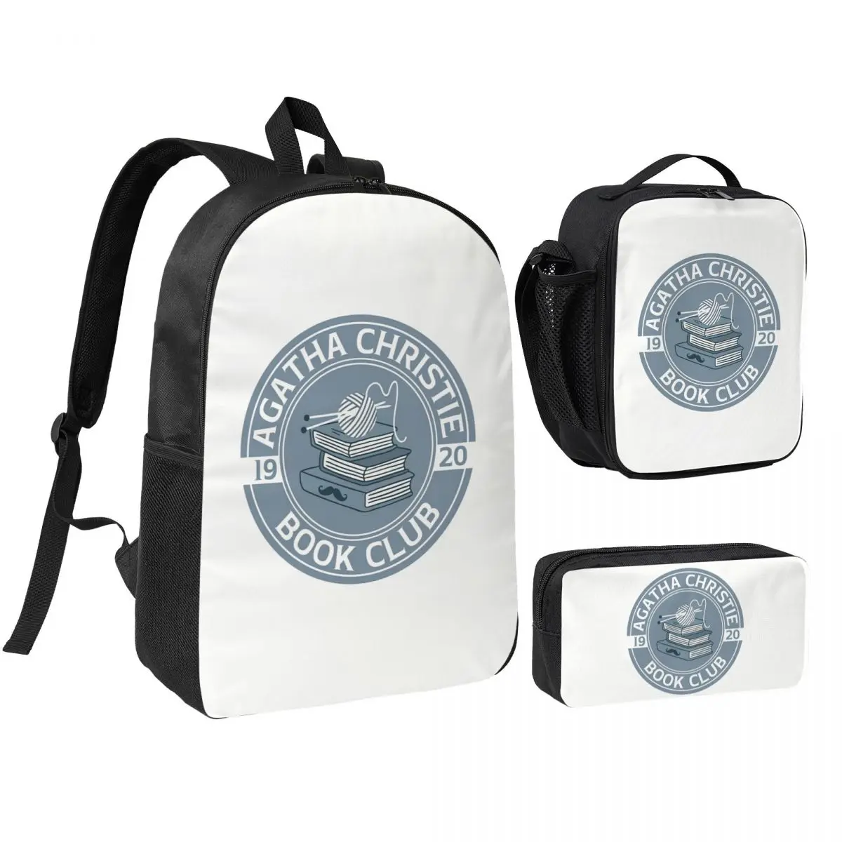 

Agatha Christie Book Club Backpack Student BookBag School Bag Shoulder Bags 3ps Insulated Lunch Bag Pencil Case
