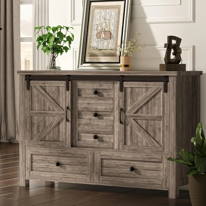 48" Farmhouse w/5 Drawer & 2 Sliding Barn Door, Dressers&Chests of Drawers, 5 Drawer Dresser TV Stand for Bedroom, Living Room