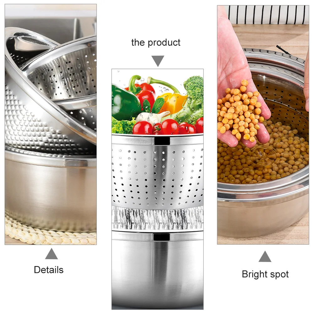 

3pcs Stainless Steel Fruit Vegetable Draining Basket Kitchen Sink Basin Drying Bowl Holder Drain Tool Washing Rice Bowl Dish Tub
