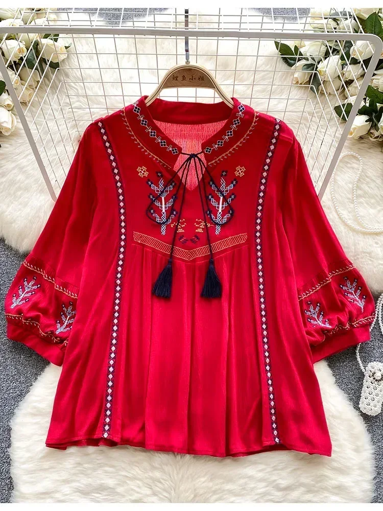 Women Summer Blouse French Vintage Art Ethnic Style Lantern  Pullover T-Shirt Loose Embroidery Short Sleeve Top D5338