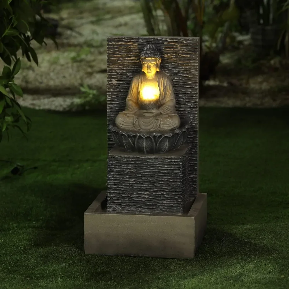 Grey Resin Meditation Buddha Statue, Outdoor Fountain with Base, Outdoor Fountain with LED Lights