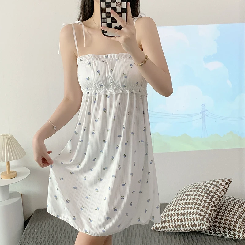 Summer Women Nightwear Floral Printed Thin Pajamas Loungewear With Chest Pad