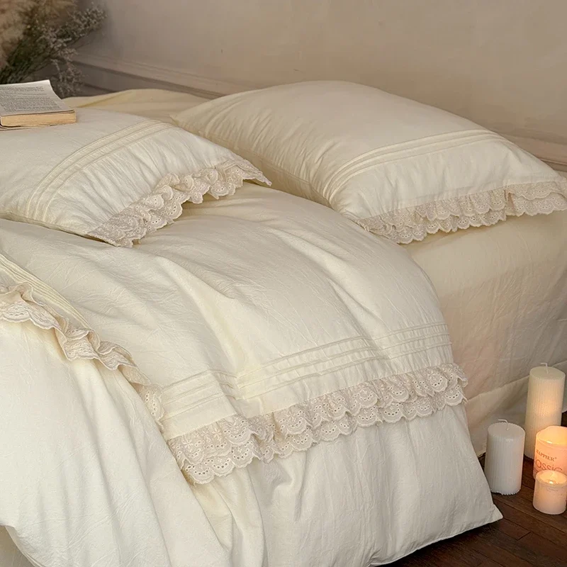 100%Washed Cotton Soft Cream-Colored Bedding Set French Chic Ruffle Girls Duvet Cover Bed Sheet Pillowcases Queen King 4pcs