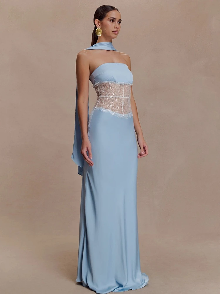 

FDYOUI 2026, модное кружевное лоскутное синее платье с запахом, женское сексуальное бандажное платье с открытыми плечами и открытой спиной, длинные вечерние платья