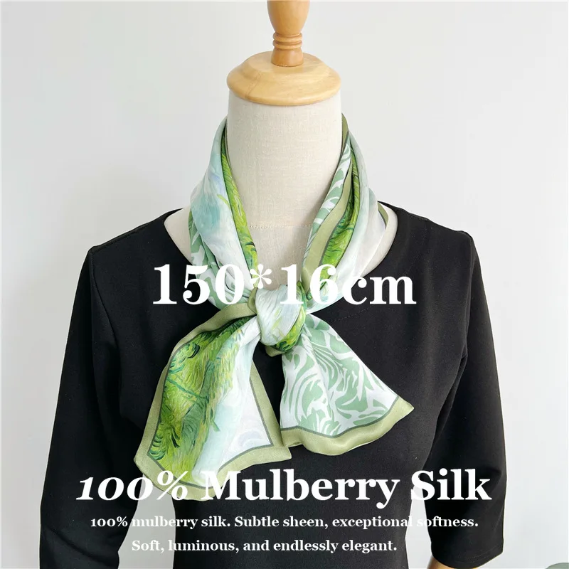 

100% Real Mulberry Silk Neckerchief Long Necktie Elegant Large 150x16cm Bag Handle Wrap for Party Wedding Gift Designer Hairband