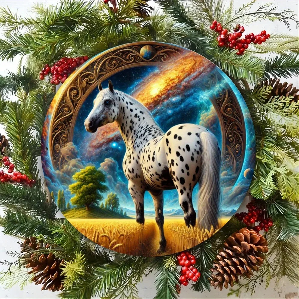 ديكور علامة معدنية من Apaluza Fantasy Horse، لوحة فنية جدارية مستديرة مقاس 7.8 بوصة، قطعة مركزية للإكليل #5