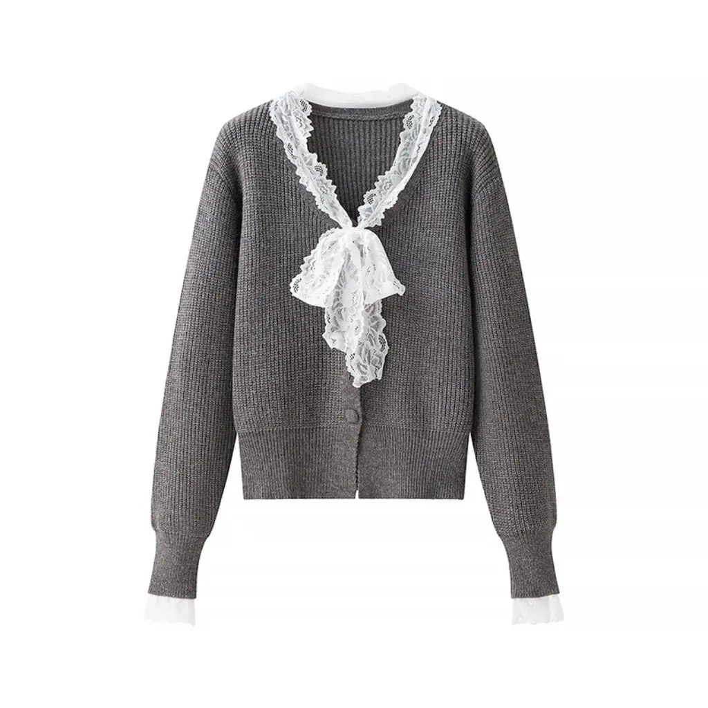 

Korean Women's Lace Bow Knitted Cardigan 00HM-2712 Early Spring New Arrival Temperament Sweater for Ladies Wholesale
