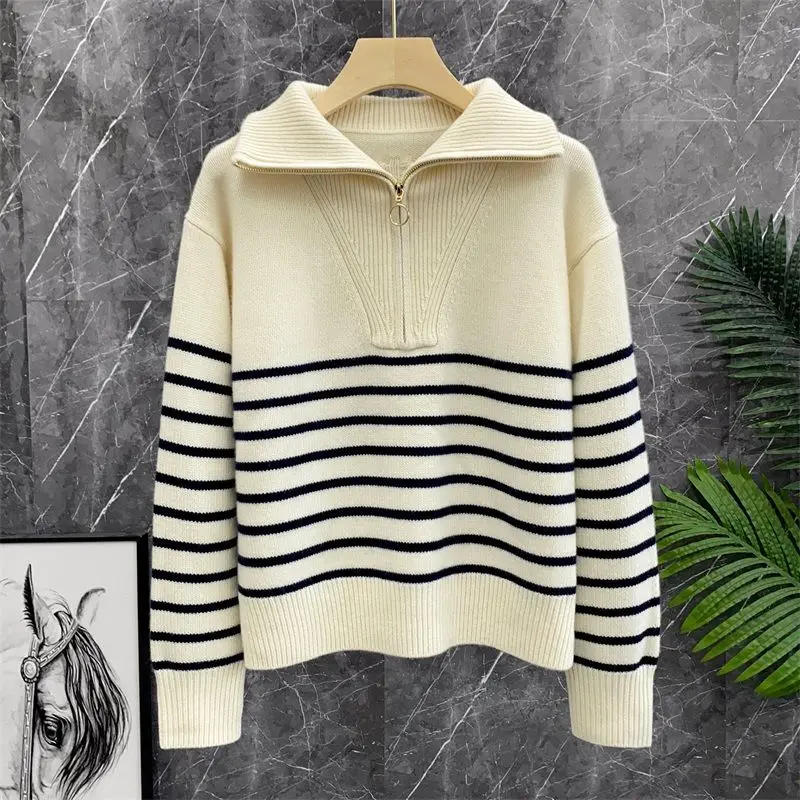 Women Vintage Classic Striped Half Zipper Stand Collar Knitted Sweater Fall Winter Long Sleeve Loose Pullover Tops Casual Jumper