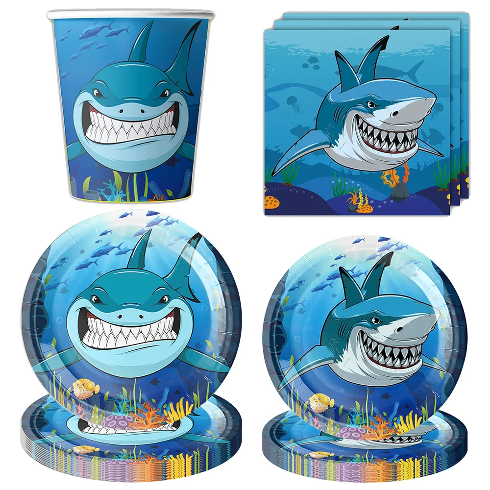 Shark party disposable tableware plate cup napkin marine animal shark themed decoration tableware boys birthday party decoration