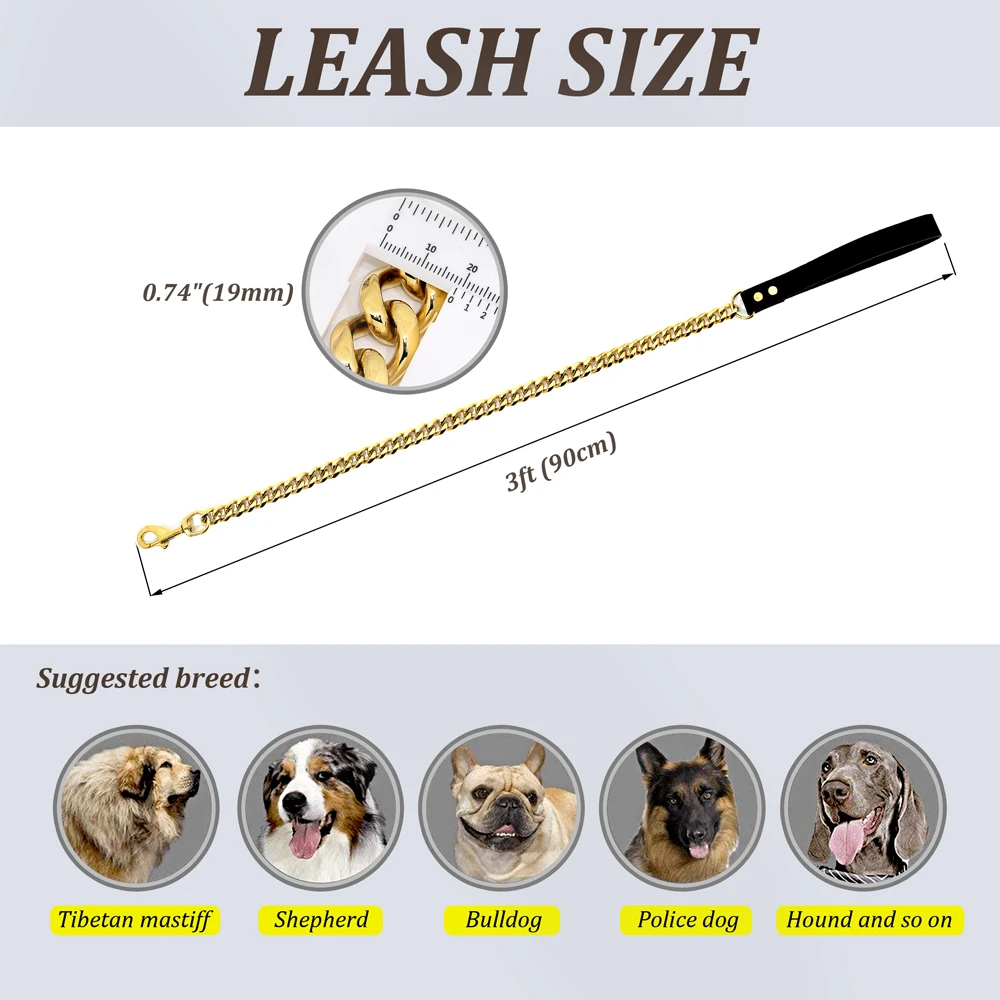 19mm Durable Stainless Steel Dog Chain Leash Training Collar For Medium Large Dogs Pitbull Pet Dog Gold Silver Chain Lead