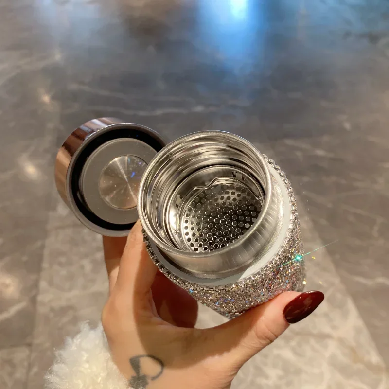 Bling Portable Thermos Cup with Tea Infuser Rhinestone Tumbler Crystal Gift Car Coffee Mug Mini Stainless Steel Water Bottles view 3