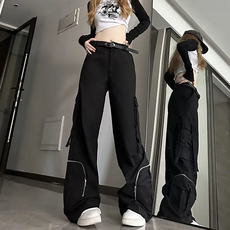 

QWEEK Black Gothic Cargo Pants Women Vintage Y2k Korean Streetwear Baggy Harajuku Fashion Wide Trousers Punk Oversized Techwear