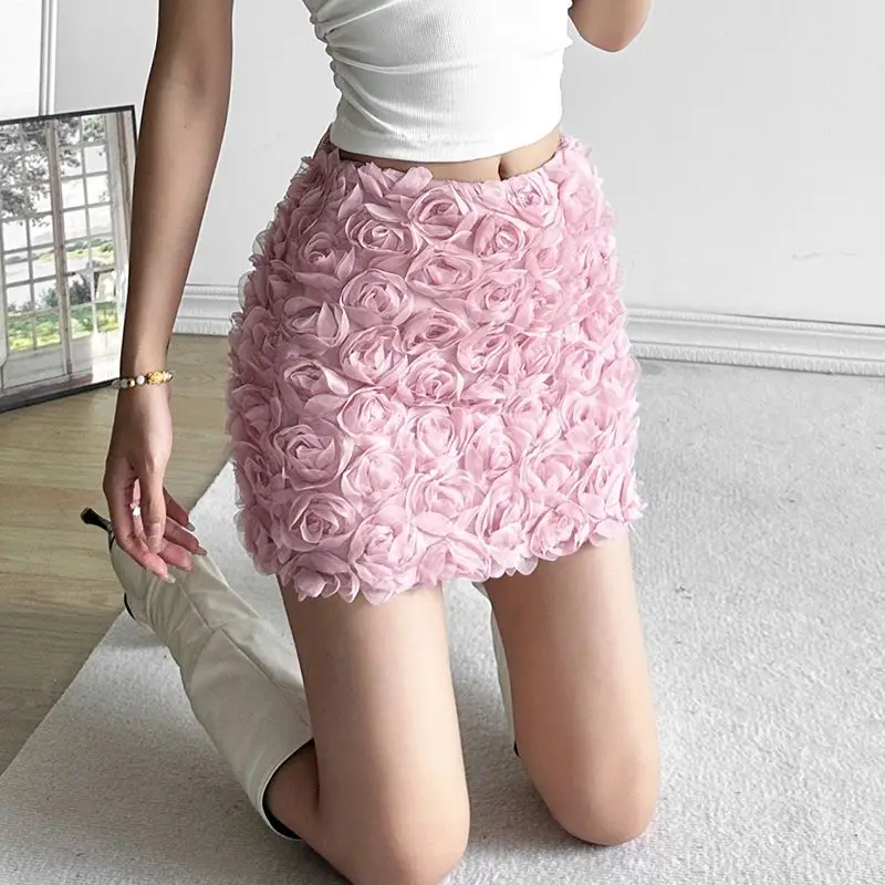 KUSAHIKI Chic 3D Rose High Waisted Half Skirt for Women Slim Fitting Elegant Korean Spicy Versatile Hip Wrapped Y2k Skirts Mujer