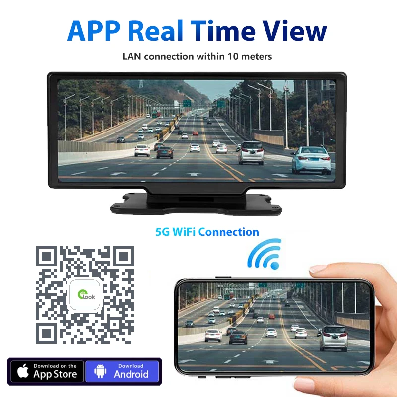 4K Dash Cam and 1080P Rear Camera Wireless Cast CarPlay Android Auto GPS Logger 5G WiFi Monitor Car Video Recorder FM Trasmitter