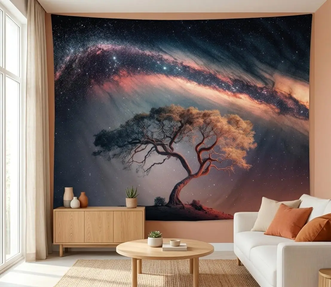 Galaxy Nebula Wall Tapestry Space Cosmic Tree Decor Polyester Print Large Abstract Starry Night Sky Hanging Art for Bedroom Livi