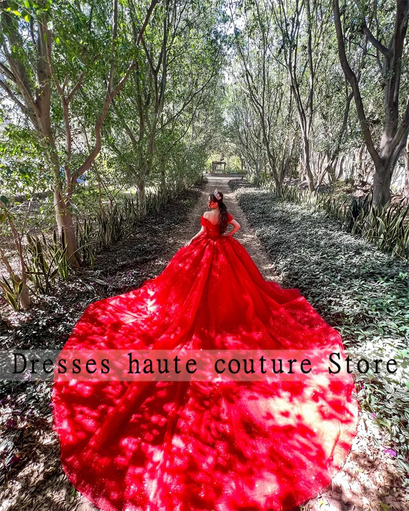 Vestido de baile rojo para quinceañera, traje de encaje con cuentas, hombros descubiertos, princesa Gril Sweet 15 16, fiesta de cumpleaños, novedad de 2024