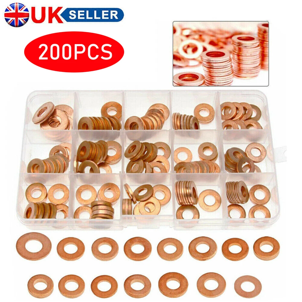 

200pcs Copper Diesel Injector Ports Washers Fuel Set Seal Rings Assortment Set Car Accessories