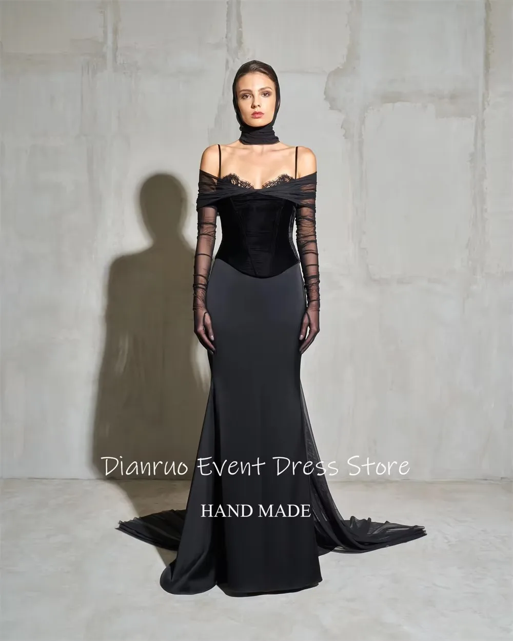 Dianruo Gaun Malam Potongan Renda Bahu Terbuka Jubah Putri Duyung Kereta De Soirée Femme Tali Spaghetti Formal Arab Saudi Disesuaikan