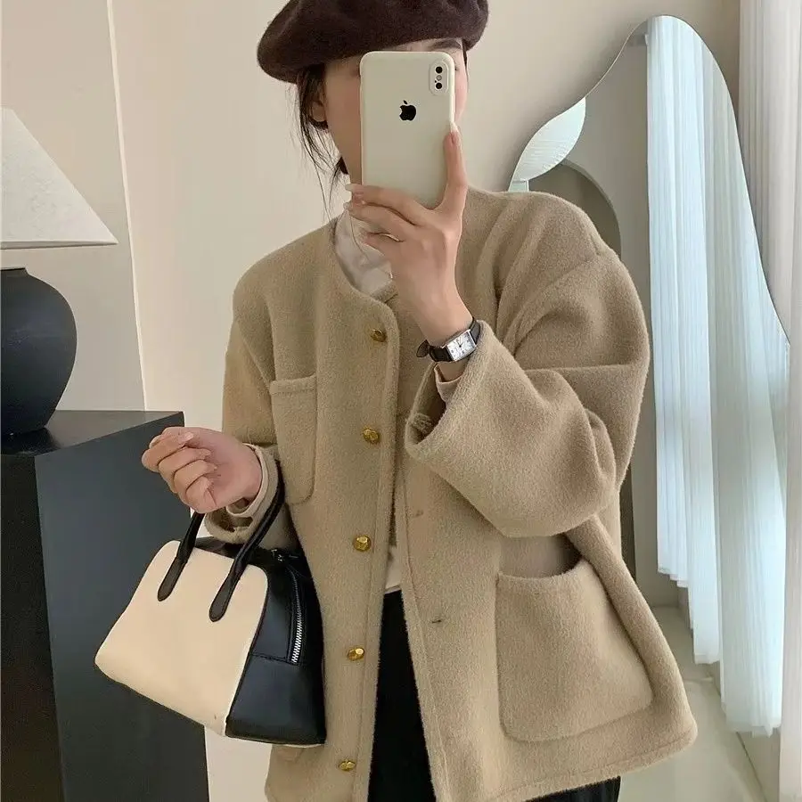 

2025 New Autumn Winter Women Knitted Cardigan Coat Small Size Beige Brown Fashion Outerwear Trending
