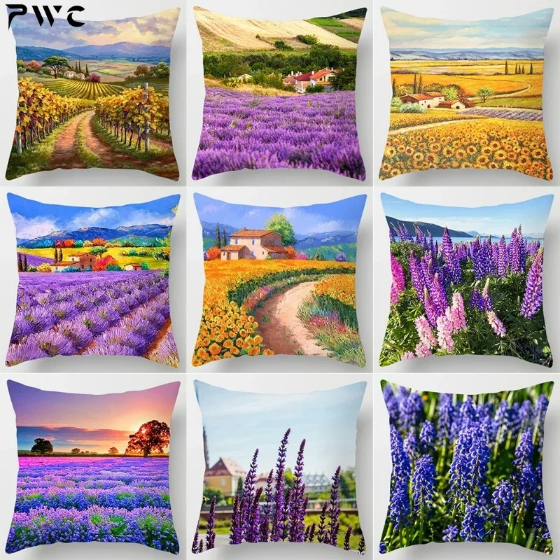 

Beautiful floral lavender printed pattern cushion cover for home living room sofa car decoration square polyester pillowcase