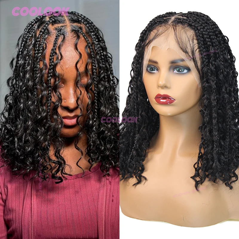 12 "قصيرة بوهو بوب شعر مستعار الاصطناعية شعر مستعار مضفر للنساء صندوق جديلة شعر مستعار دانتيل كامل جديلة ضفائر كورنو الأفريقية الدانتيل الباروكات رخيصة