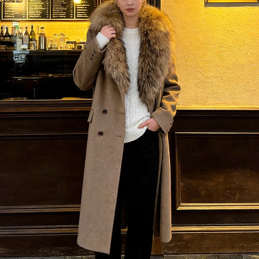 OFTBUY Wollmantel für Damen, Luxuriöse Doppelseitige Wolljacke, Winter-Oversize-Mantel mit Echtem Fuchsfell, Doppelreihig, Elegante Oberbekleidung – Detail 8