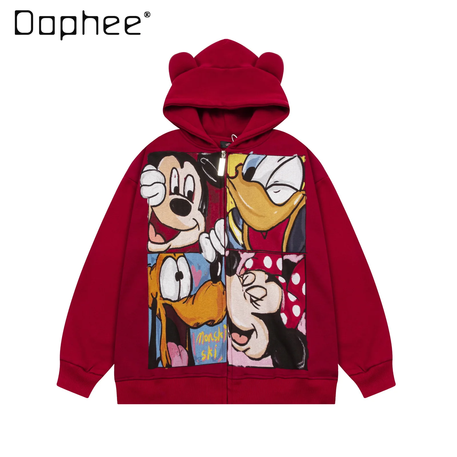 American Retro Cartoon Print 3d Ears Hooded Fleece Sweater Men's and Women's Autumn and Winter Loose Versatile Zip Jacket