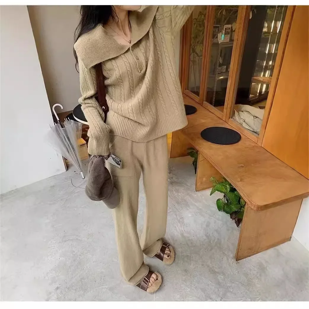 2024 New Autumn and Winter Korean Lapel Twist Sweater Women's Knitted Wide-leg Pants High Waist Straight Leg Fashion Casual Suit