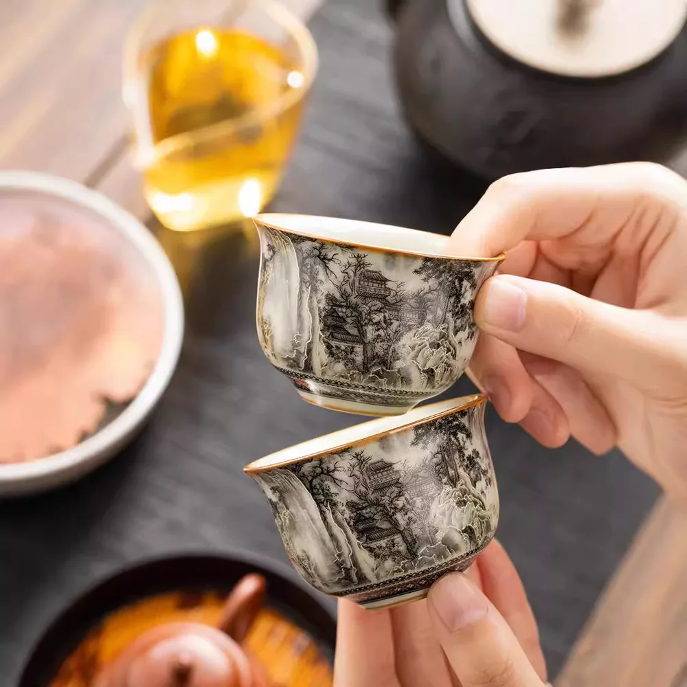 Ru Kiln Hand Painted Ink Landscape Round Ding Master Tea Cup Single Kung Fu Tasting Cup Home Office Gift