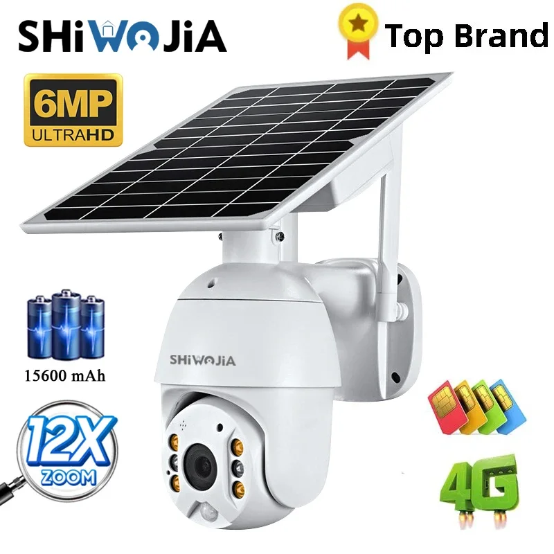 shiwojia camera cctv de monitoramento ao ar livre casa inteligente alarme de intrusao bidirecional espera longa painel solar 4g cartao sim 5mp 6mp 01