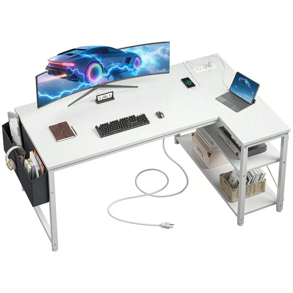 

LShaped Gaming Desk With Storage Shelves, Power Outlets Side Bag Corner Computer Desk For Small Spaces, White