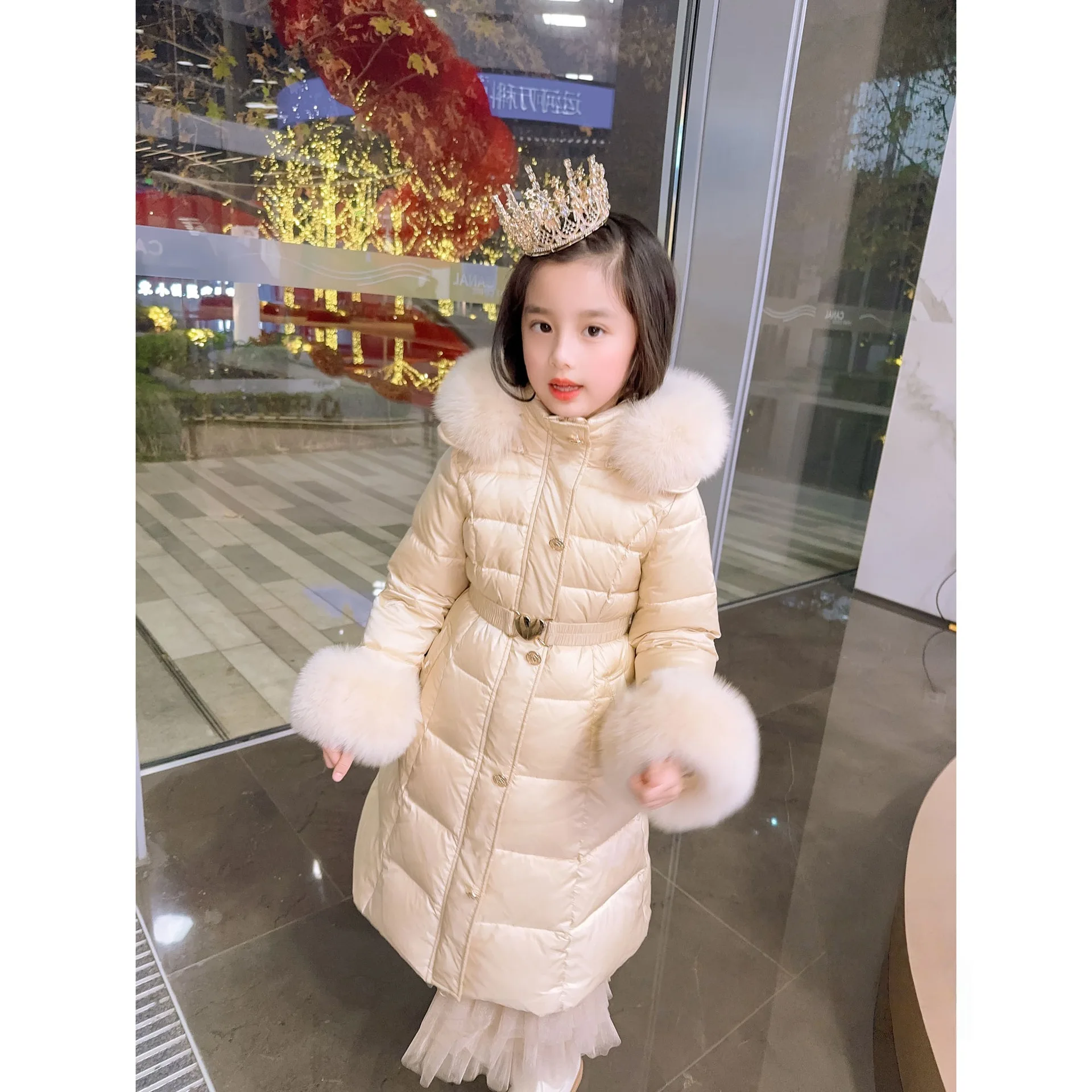 

Long Girls' Padded Coat Fur Hooded Sleeve Fashionable Children's Coat Autumn Winter Teenage Slim Girls' Kids Clothing RM89