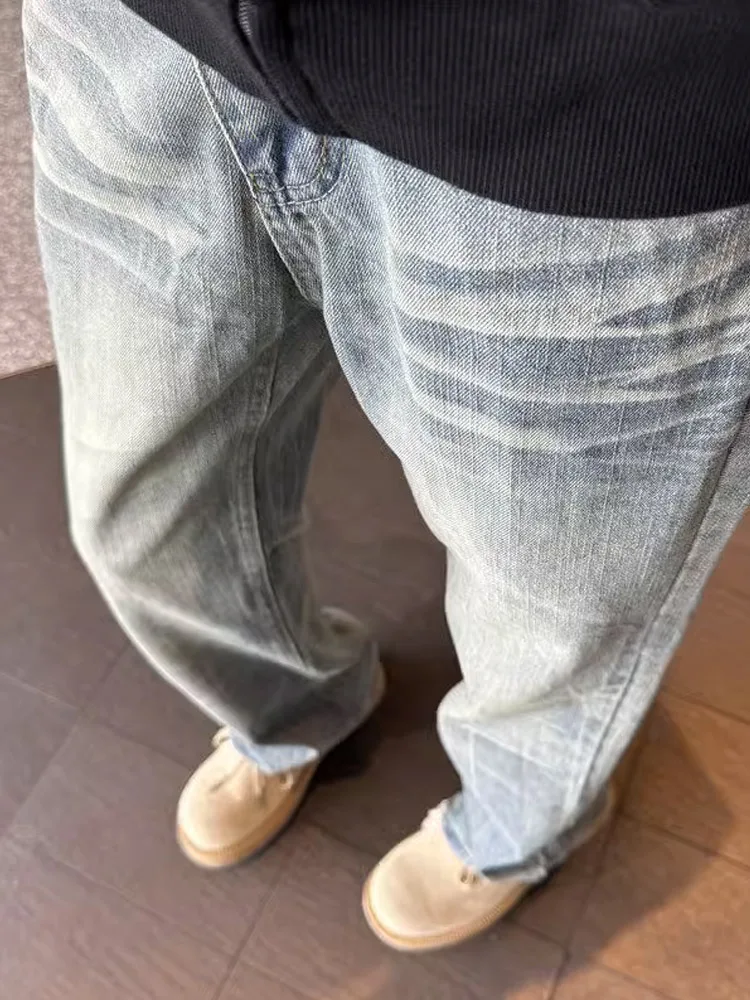 Calças Jeans Masculinas Americanas Retrô Outono Inverno com Corte Reto e Efeito Emaecido Micro Flare Marca Trendy Cleanfit