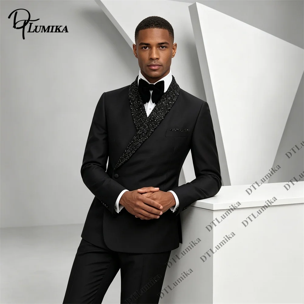Men's 2 Piece Black Tuxedo Suit Beaded Shawl Lapel Asymmetric Closure Slim Fit Wedding Groom Prom Formal Dinner Blazer Pants