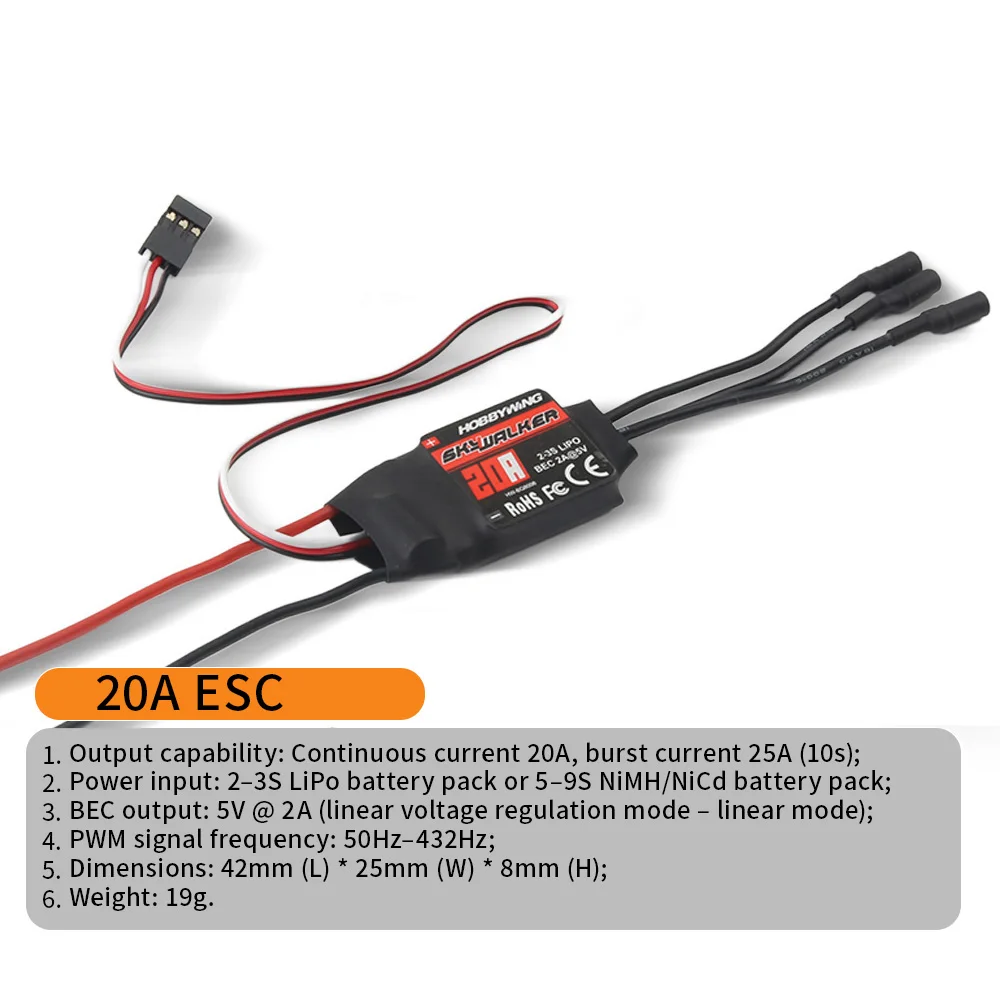

FATJAY Hobbywing Skywalker 20A RC Fixed-Wing ESC Supports 2-3S LiPo Batteries Mini Brushless Motor ESC With 3.5MM banana plug