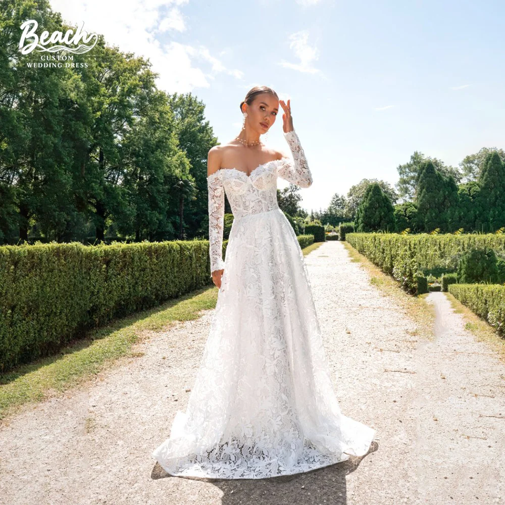 Strand op maat gemaakte off-shoulder lange mouw kant een lijn lieverd trouwjurk open rug bruidsjurk elegante vestidos de novia