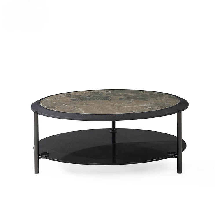 High Quality Contemporary Black  Metal Side Glass Marble Stone Soild Wood Coffee Table Two Table Set Round Nesting Table