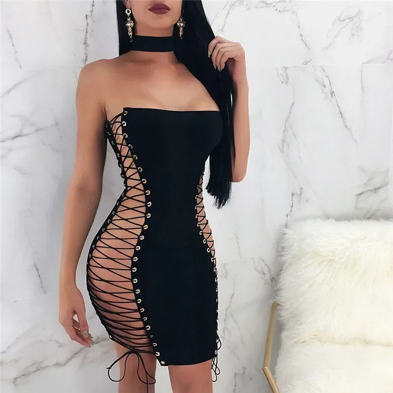 

2024 New Women Summer Gothic Black Sexy Club Lace Up Dresses Sleeveless Hollow Out Bandage Party Bodycon Mini Dress Vestidos